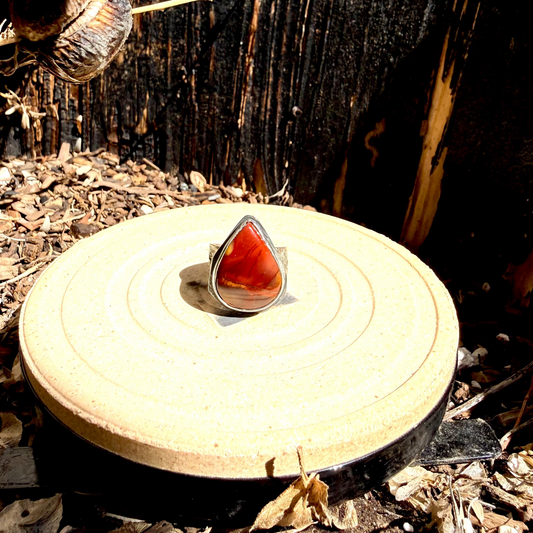 A teardrop-shaped red gemstone ring with a silver bezel setting, displayed on a round beige ceramic plate outdoors on a bed of dry leaves and branches.