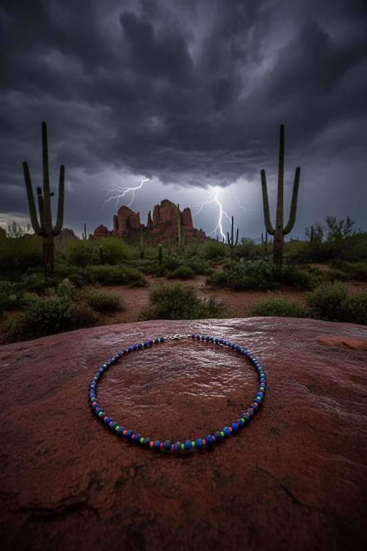 A beaded necklace made of small iridescent beads with blue, purple, and pink tones, arranged in a circle on a wooden tabletop.